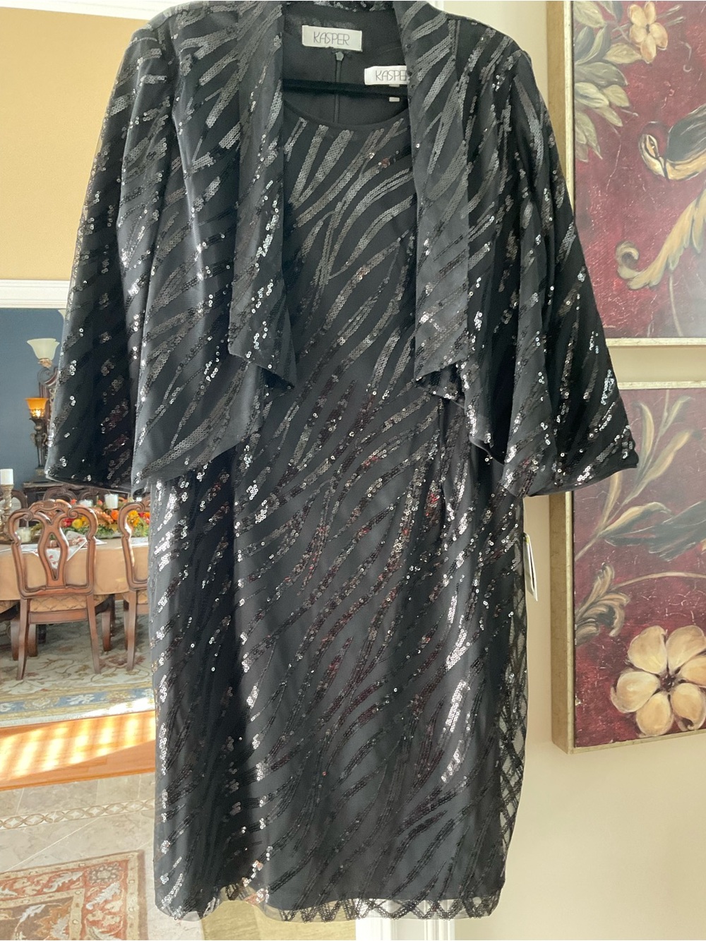 Kasper 2-Piece Black Sequin Formal Dress with Jacket Suit Set Size 14 New w/Tags